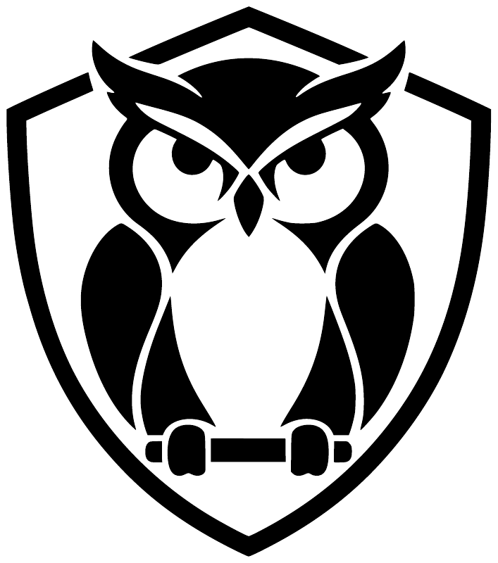Black-and-white owl head shield vinyl decal, bold vector style with fists.