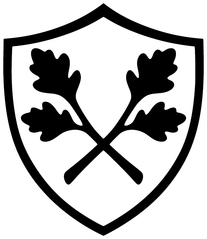Black shield emblem vinyl decal with crossed oak leaves on white background
