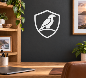 White shield vinyl decal with black falcon graphic center