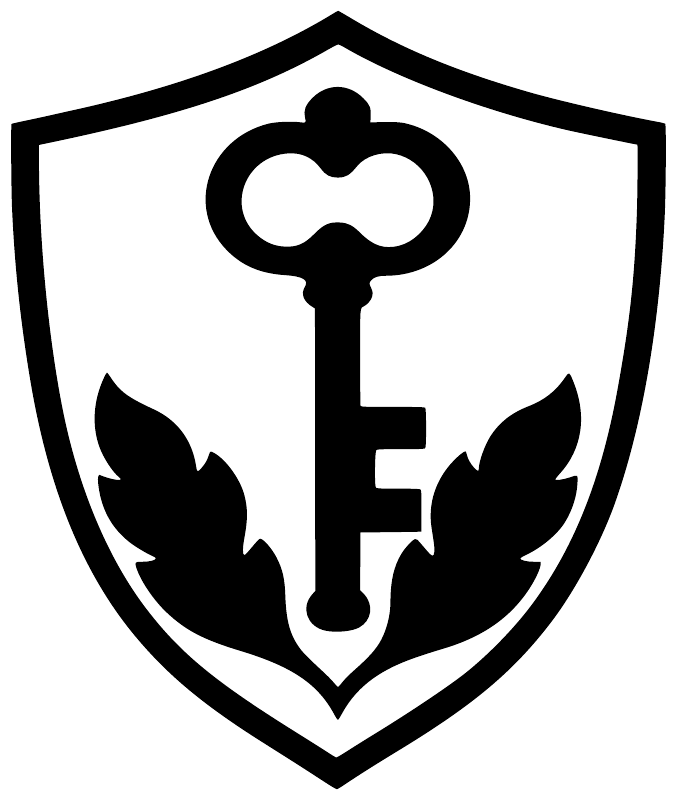 Shield-shaped vinyl decal with black key and winged leaf/flame accents
