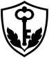 Shield-shaped vinyl decal with black key and winged leaf/flame accents