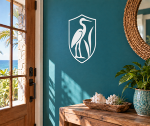 Heron Reed shield vinyl decal with white heron inside shield outline