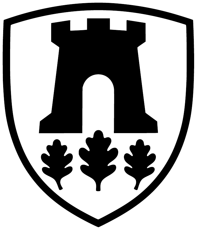 Tower Oak Shield vinyl decal, black tower silhouette with three trees on white shield