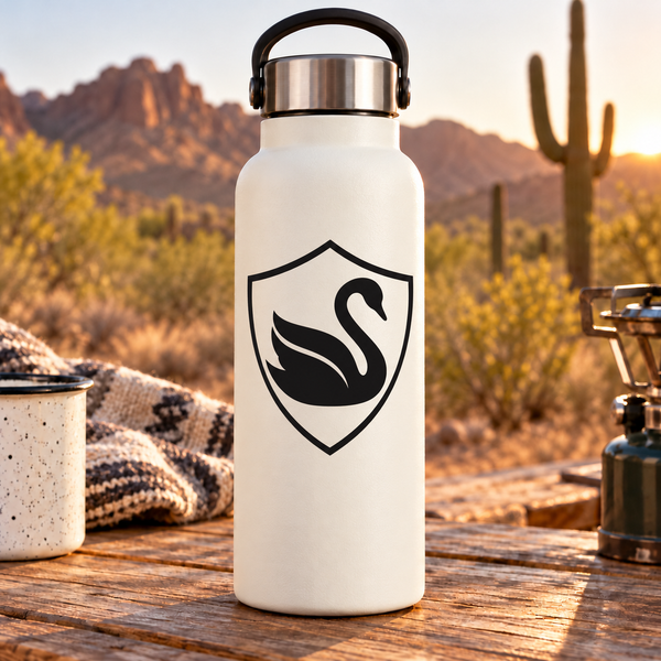 Swan crest shield vinyl decal with black swan emblem on white bottle