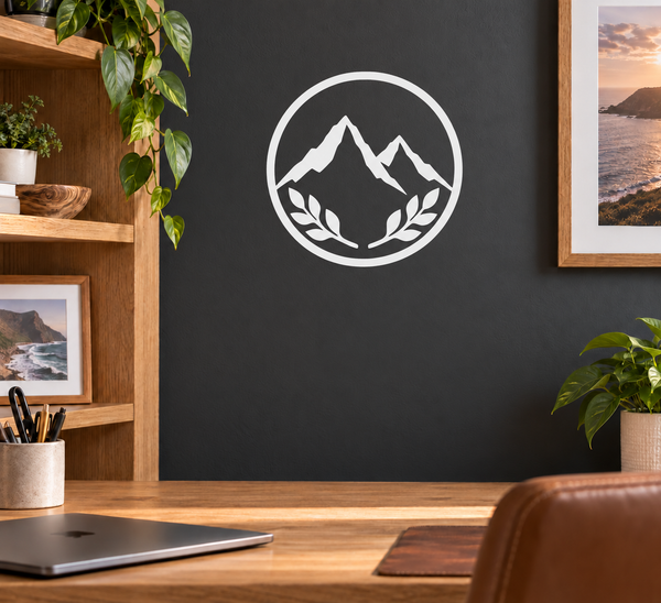 Vinyl decal with circular medieval shield: mountain peaks and laurel leaves in white