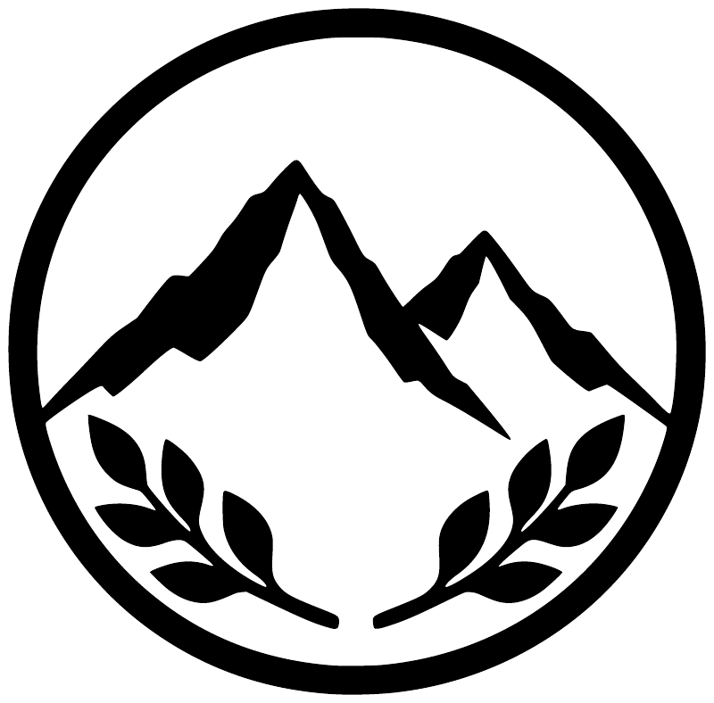 Vinyl decal close-up: black border circle with mountain peaks and laurel leaf emblem