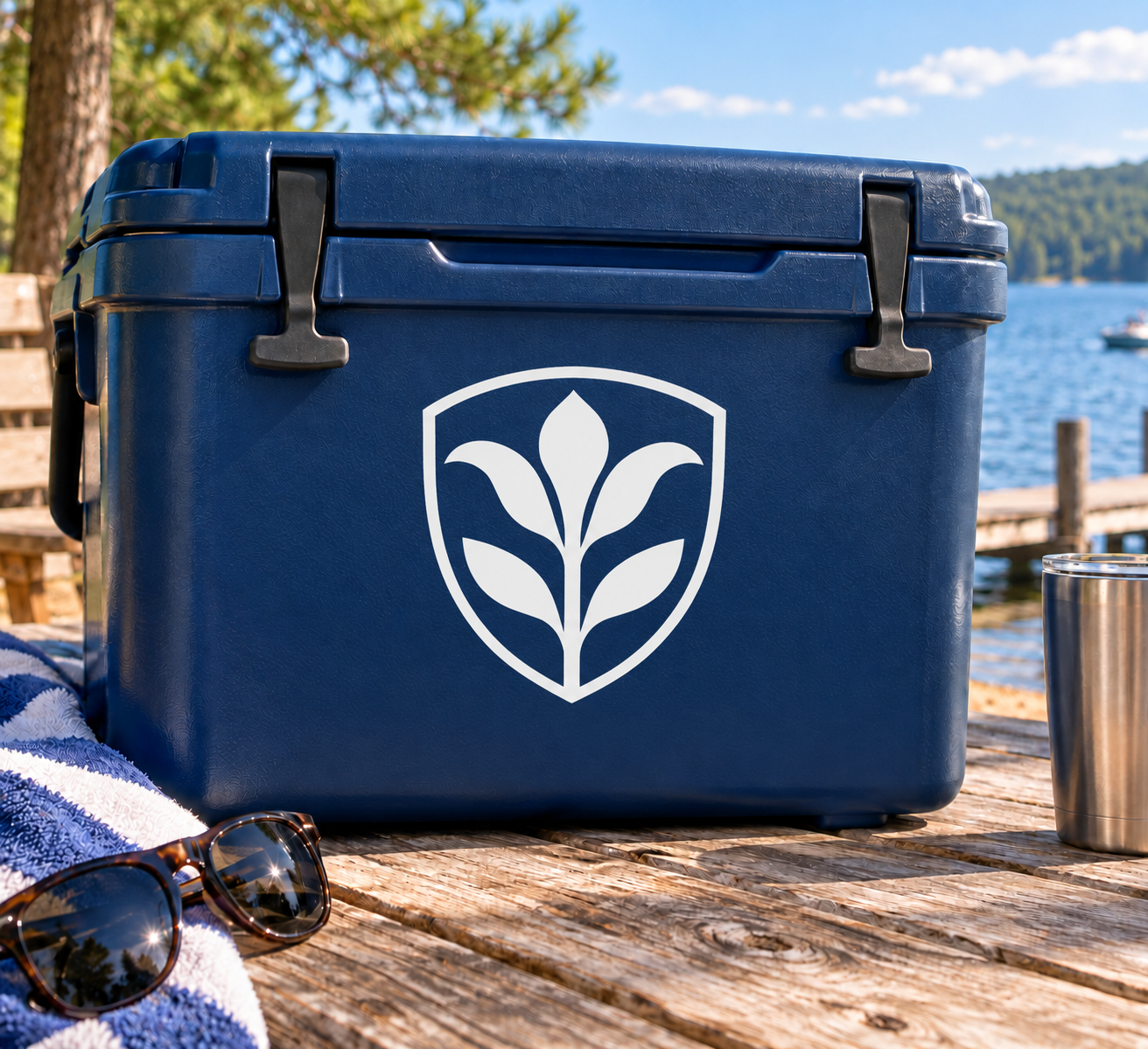 Shield-shaped vinyl decal with black lily emblem on a dark blue surface