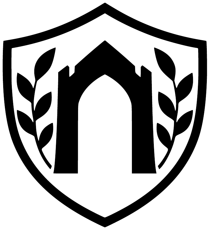 Black-and-white crest vinyl decal shield with central gate and laurel leaf details