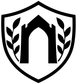 Black-and-white crest vinyl decal shield with central gate and laurel leaf details