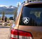 Shield vinyl decal with black ram head emblem on car window