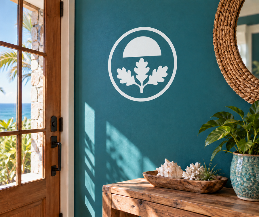 Oak leaf sun shield vinyl decal in a white-outlined circle, mounted on a wall