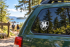 Vinyl shield decal with black griffin graphic on a white shield