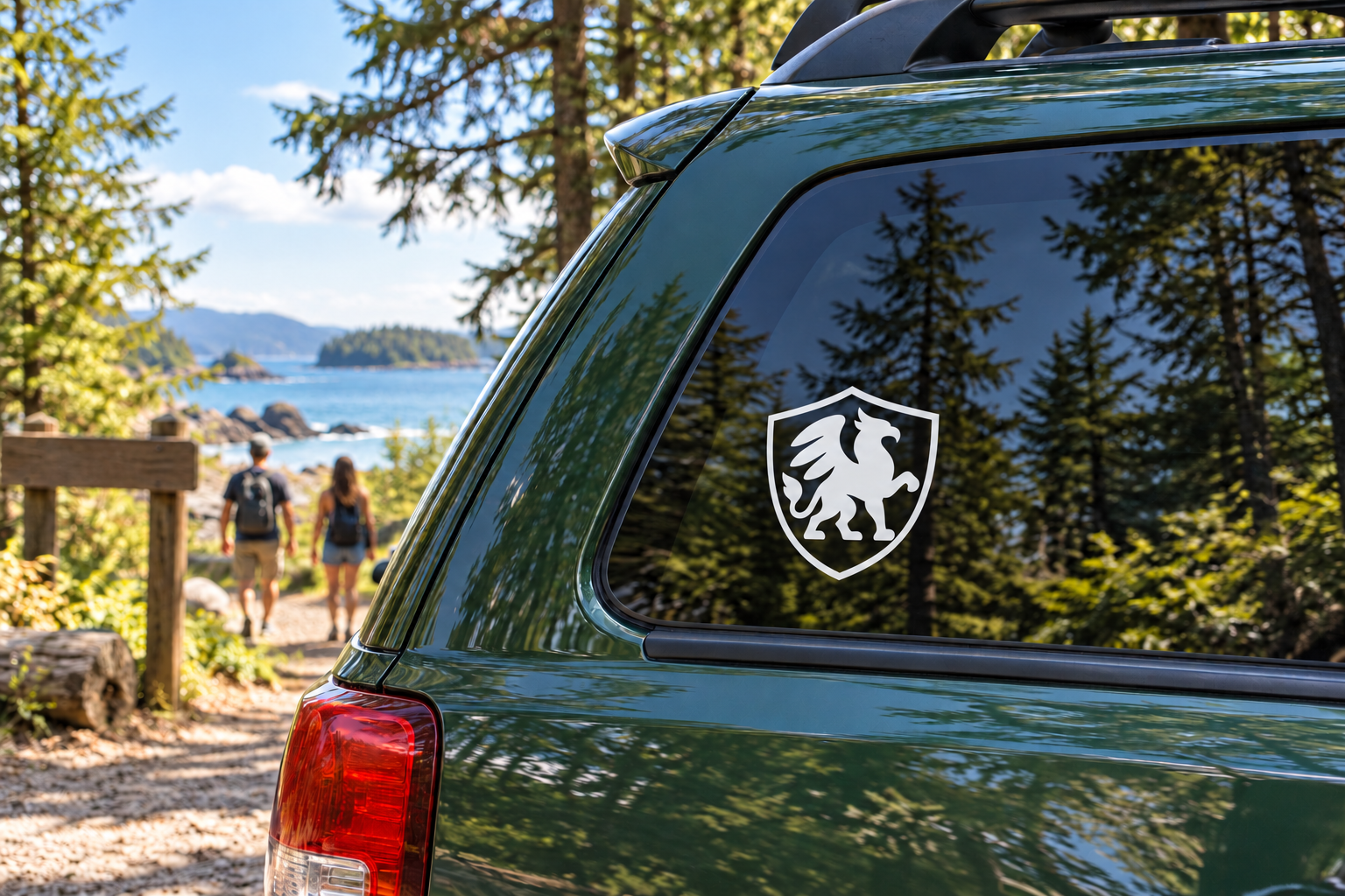 Vinyl shield decal with black griffin graphic on a white shield