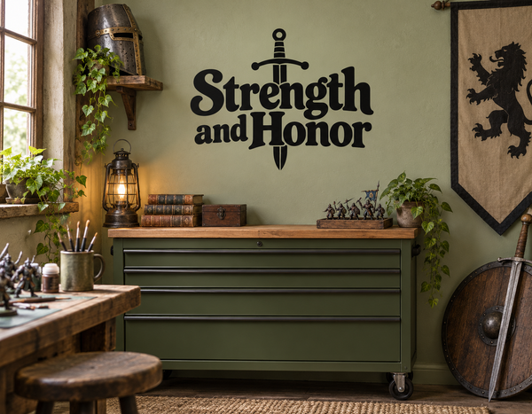 Strength and Honor vinyl wall decal with sword crest and bold black lettering