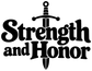 Vinyl decal close-up: bold black 'Strength and Honor' text with sword emblem