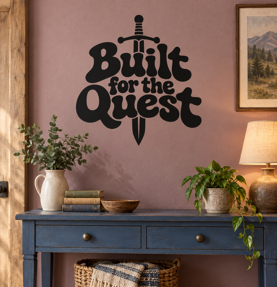Built for the Quest vinyl decal with sword icon, black lettering