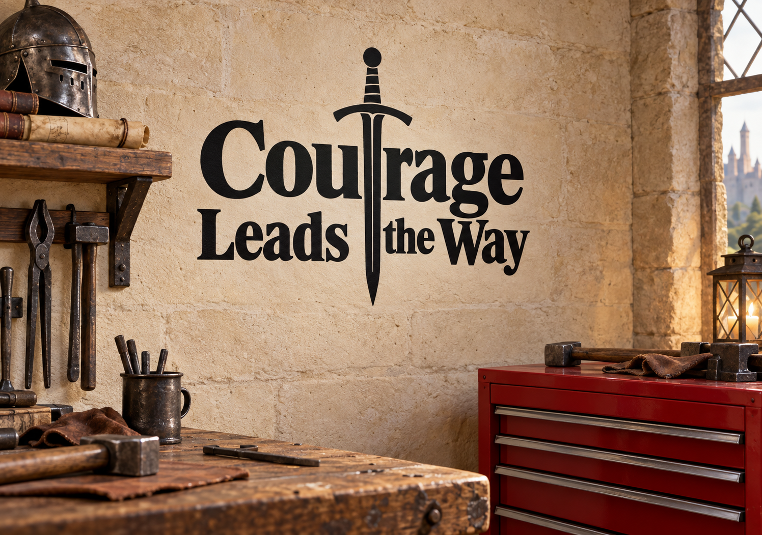 Vinyl wall decal reading 'Courage Leads the Way' with sword icon