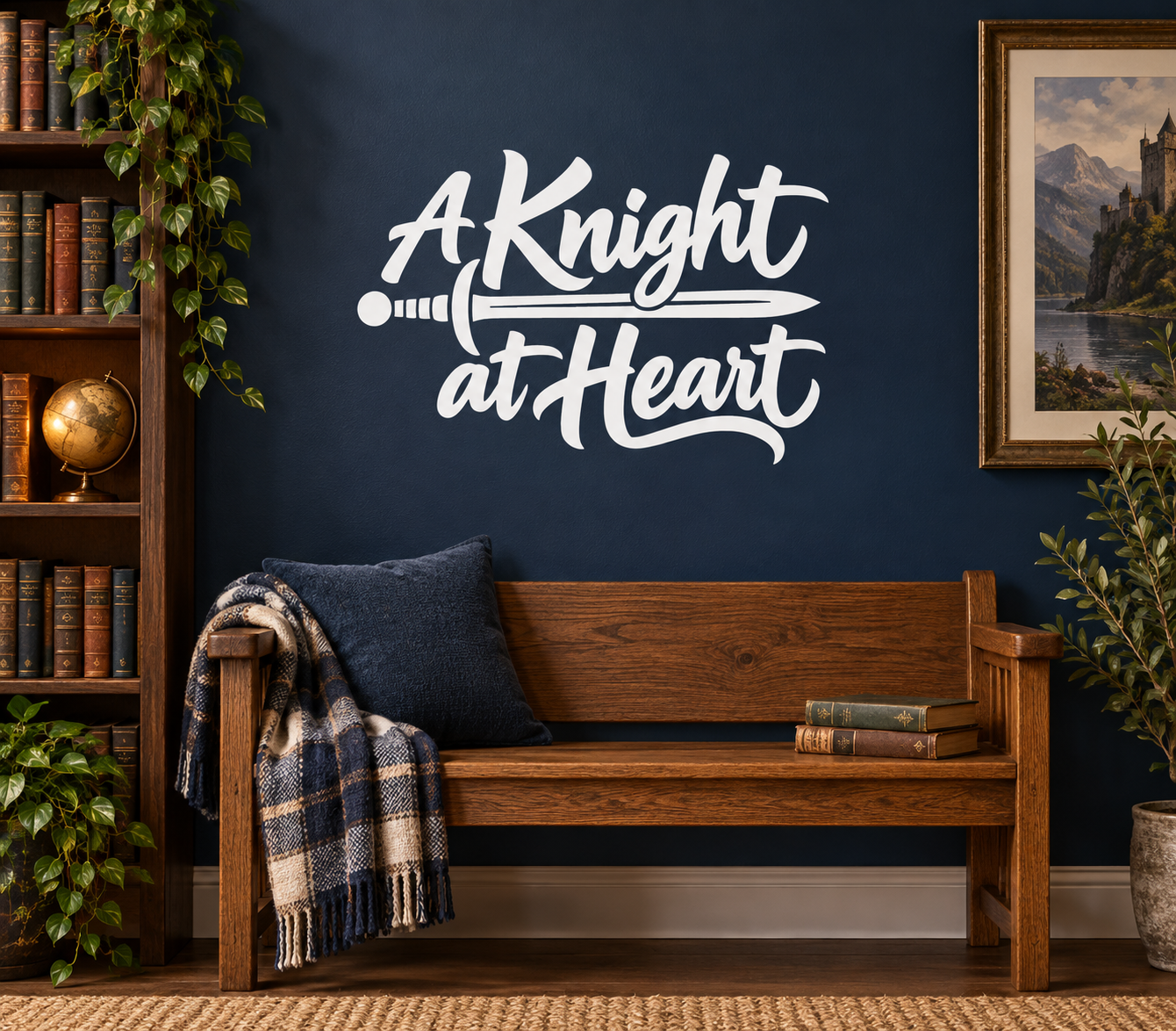 Vinyl wall decal: A Knight at Heart script with sword graphic