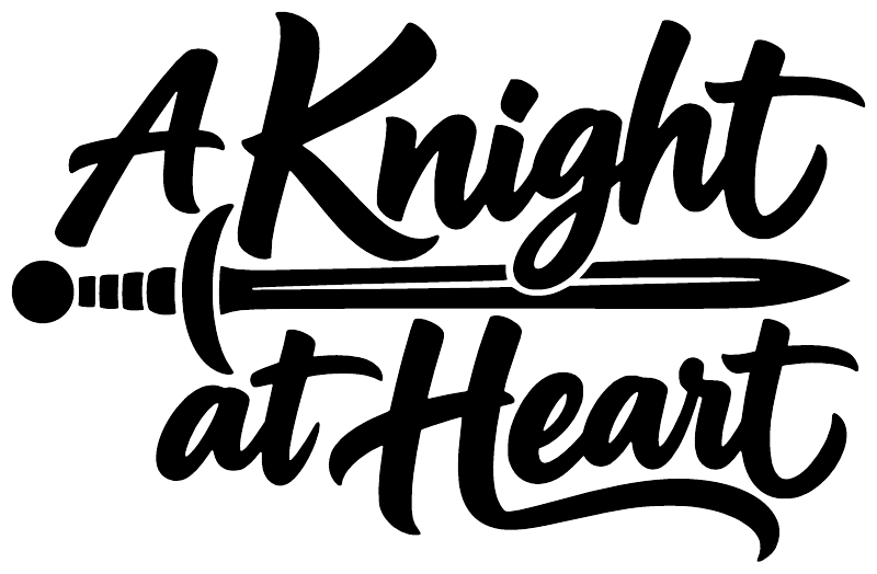 Black vinyl decal: A Knight at Heart script with sword icon