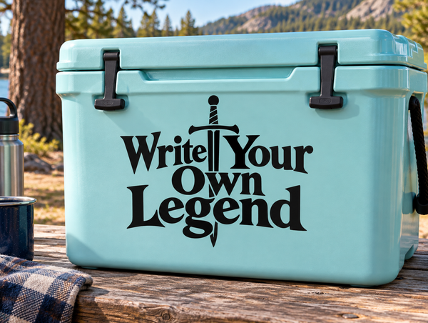 Black vinyl decal with 'Write Your Own Legend' and sword icon
