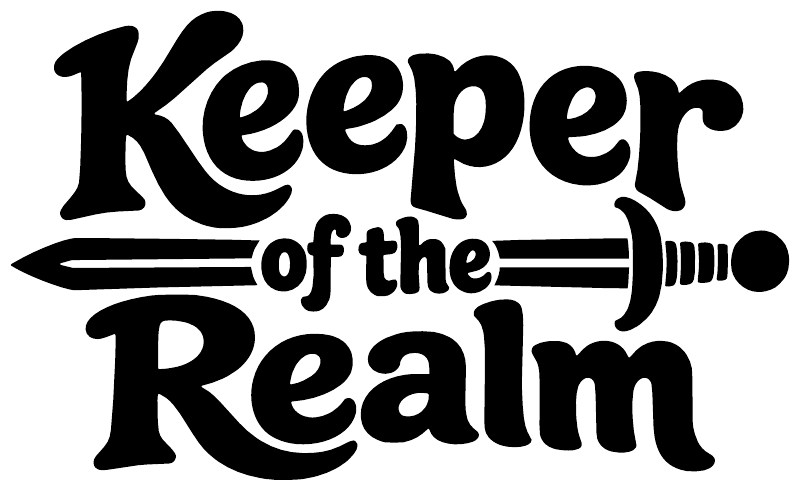 Keeper of the Realm vinyl decal: bold black text with sword-like bar and hilt graphic