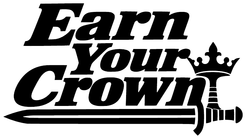 Vinyl decal close-up: black “Earn Your Crown” lettering with sword and small cross icons