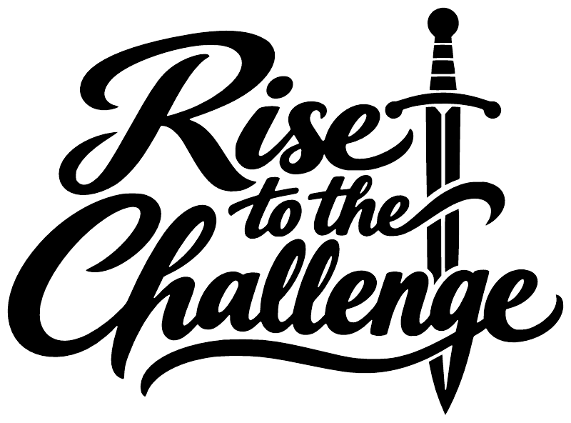 Black script 'Rise to the Challenge' vinyl decal with vertical sword