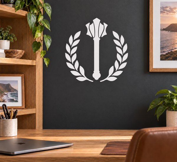 Vinyl wall decal of laurel wreath with central medieval mace silhouette