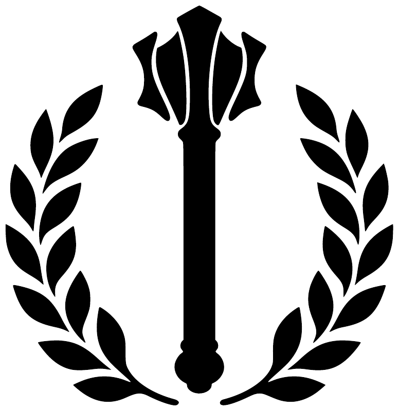 Black vinyl decal close-up: laurel wreath with central mace silhouette