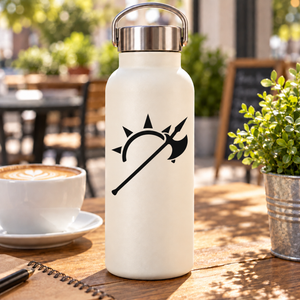 Black halberd and sun arc vinyl decal on a white bottle
