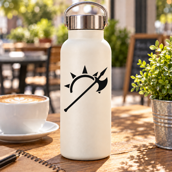 Black halberd and sun arc vinyl decal on a white bottle