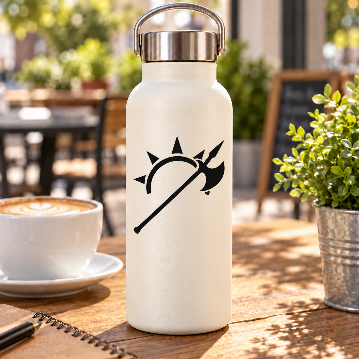 Black halberd and sun arc vinyl decal on a white bottle