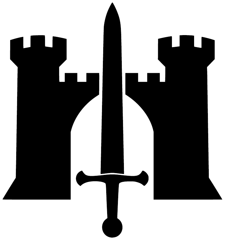 Black sword and castle gate vinyl decal design: centered sword between two towers on white