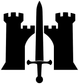 Black sword and castle gate vinyl decal design: centered sword between two towers on white