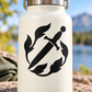Black leaf medallion vinyl decal with dagger icon on white surface, MedievalWeaponCX037