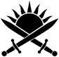 Vinyl decal graphic with a black sunburst, crossed swords, and white border