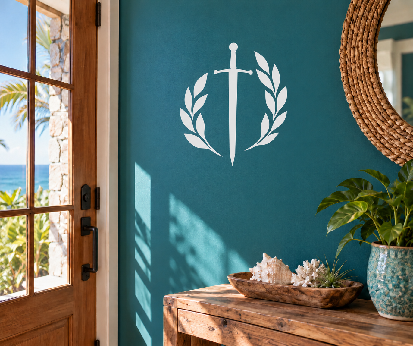 White medieval sword with laurel wreath vinyl wall decal