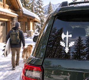 Black medieval weapon emblem vinyl decal on car window, sword and axe silhouette
