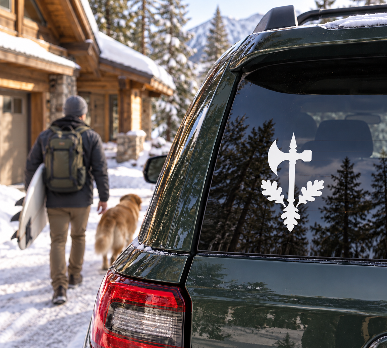 Black medieval weapon emblem vinyl decal on car window, sword and axe silhouette