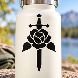 Crest sword-and-rose black vinyl decal with cross and rose design for bottles
