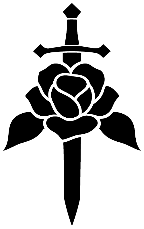 Black rose-and-sword crest vinyl decal with heart rose, crossguard, and banner tips