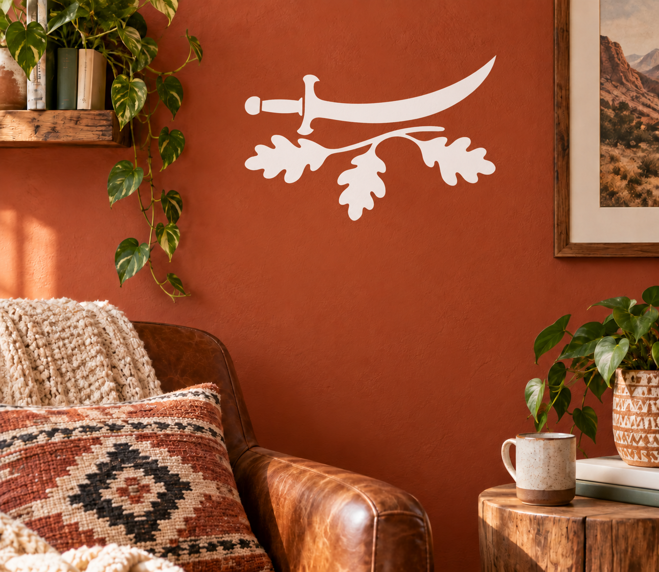 Oak sweep medieval weapon vinyl wall decal, white sword and crossed branch design