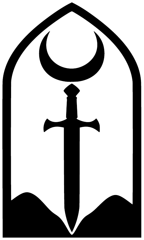 Vinyl window decal: black sword and flame crescent emblem