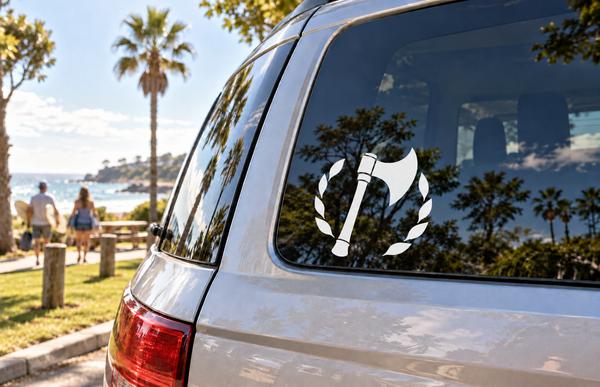 Axe and laurel halo vinyl decal on car window
