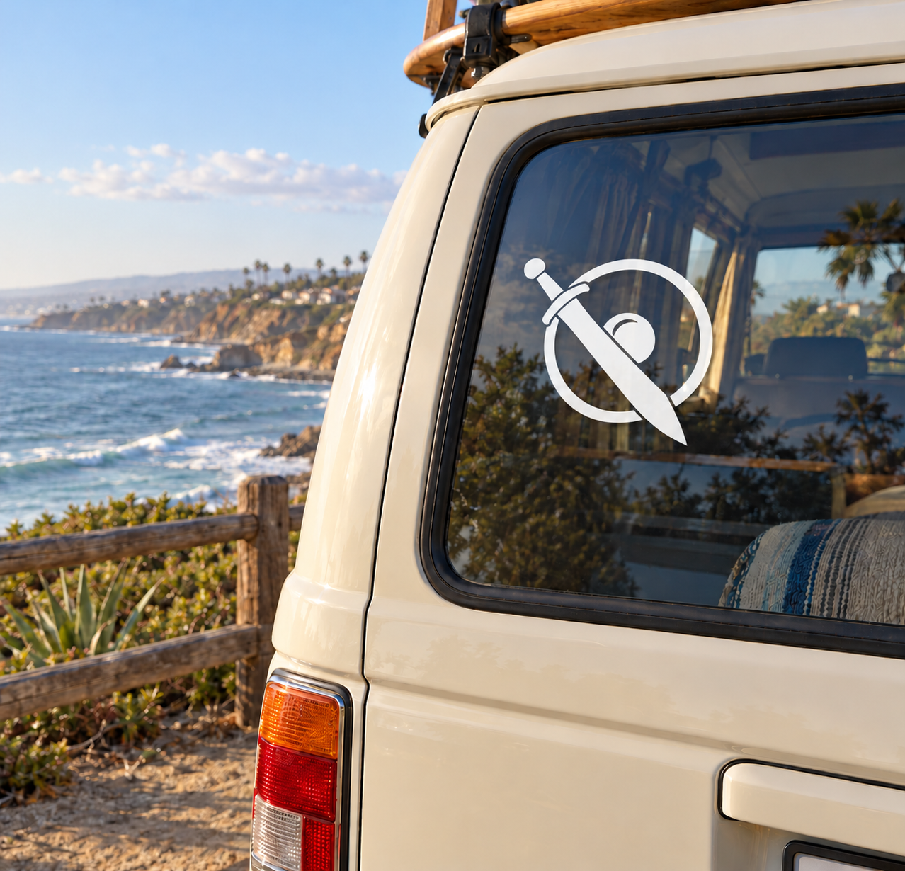 Sword and buckler vinyl decal, white symbol on car window glass