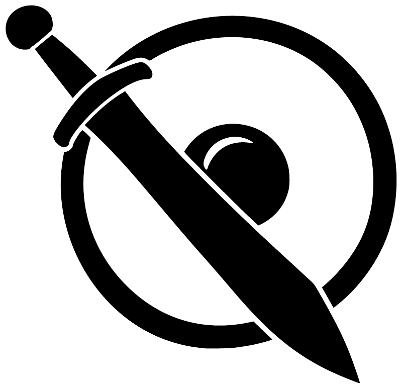 Sword and buckler vinyl decal icon, black sword with shield circle on white
