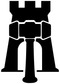 Hammer and tower crest emblem vinyl decal with white design on dark field