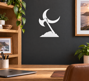Crescent moon and axe vinyl wall decal silhouette in black and white