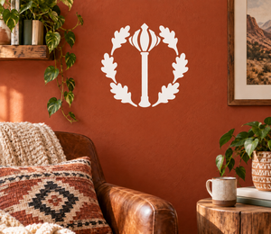 Mace Oak vinyl wreath decal with central candle and leafy crest, white outline