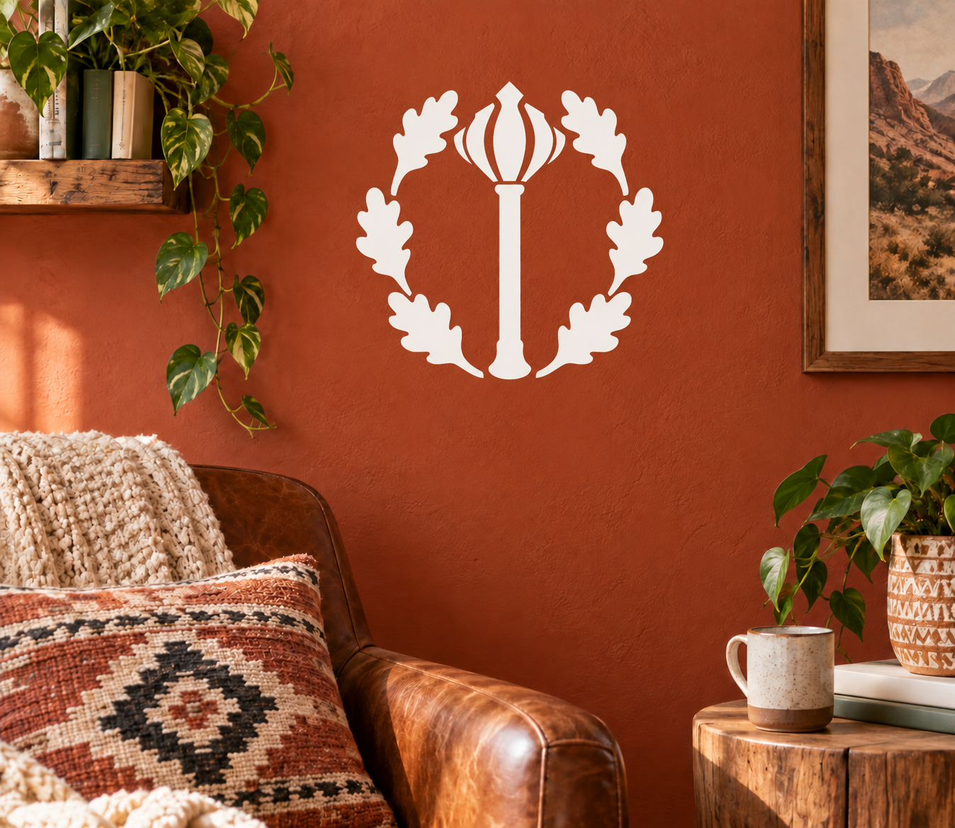Mace Oak vinyl wreath decal with central candle and leafy crest, white outline